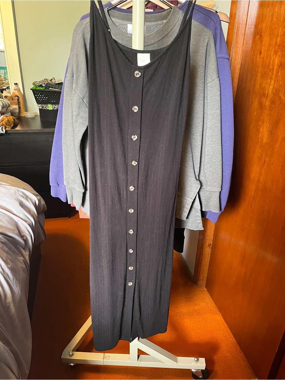 H&M Black Ribbed Button-Front Maxi Dress